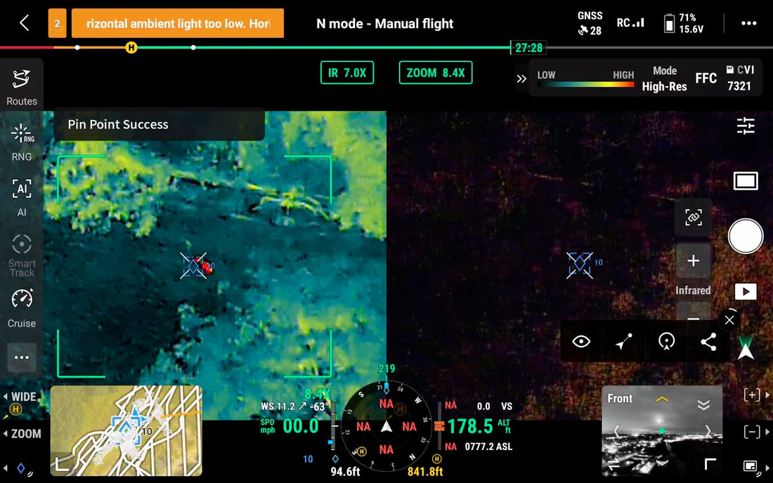 Thermal camera view from a DJI Matrice 4T showing Bear as a bright heat signature in cold brush at night, with the controller reading Pin Point Success