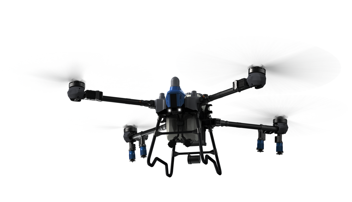 EAVision J150 agricultural spray drone, four rotors with spray nozzles mounted beneath the booms and a 20 gallon liquid tank