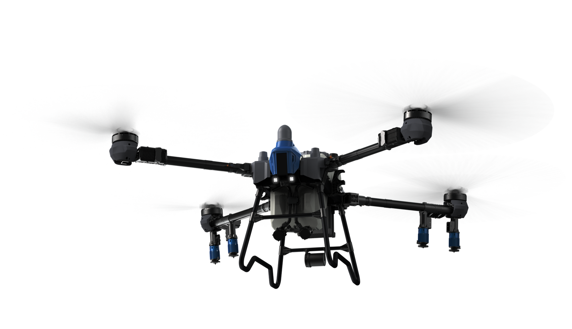EAVision J150 agricultural spray drone, four rotors with spray nozzles mounted beneath the booms and a 20 gallon liquid tank